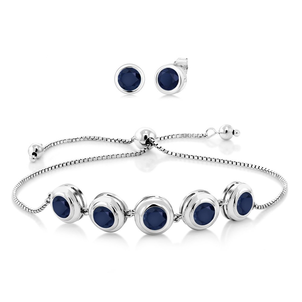 7.00 Ct Round 6mm Blue Sapphire & 925 Sterling Silver Bracelet & Earrings Set for Women | Elegant Jewelry Gift for Anniversary, Birthday & Special Occasions