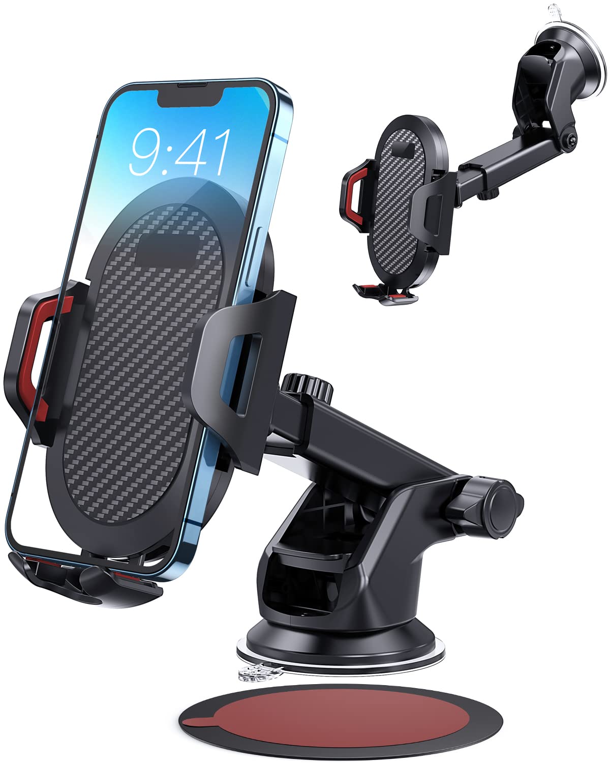 Best Car Phone Holder Mount with Strong Suction Cup - Military Grade Durable Windshield & Dashboard Mount - Adjustable Long Arm Compatible with iPhone 16/15/14 Pro Max & All Smartphones (Red) - Perfect for GPS Navigation, Hands-Free Calling & Road Trips