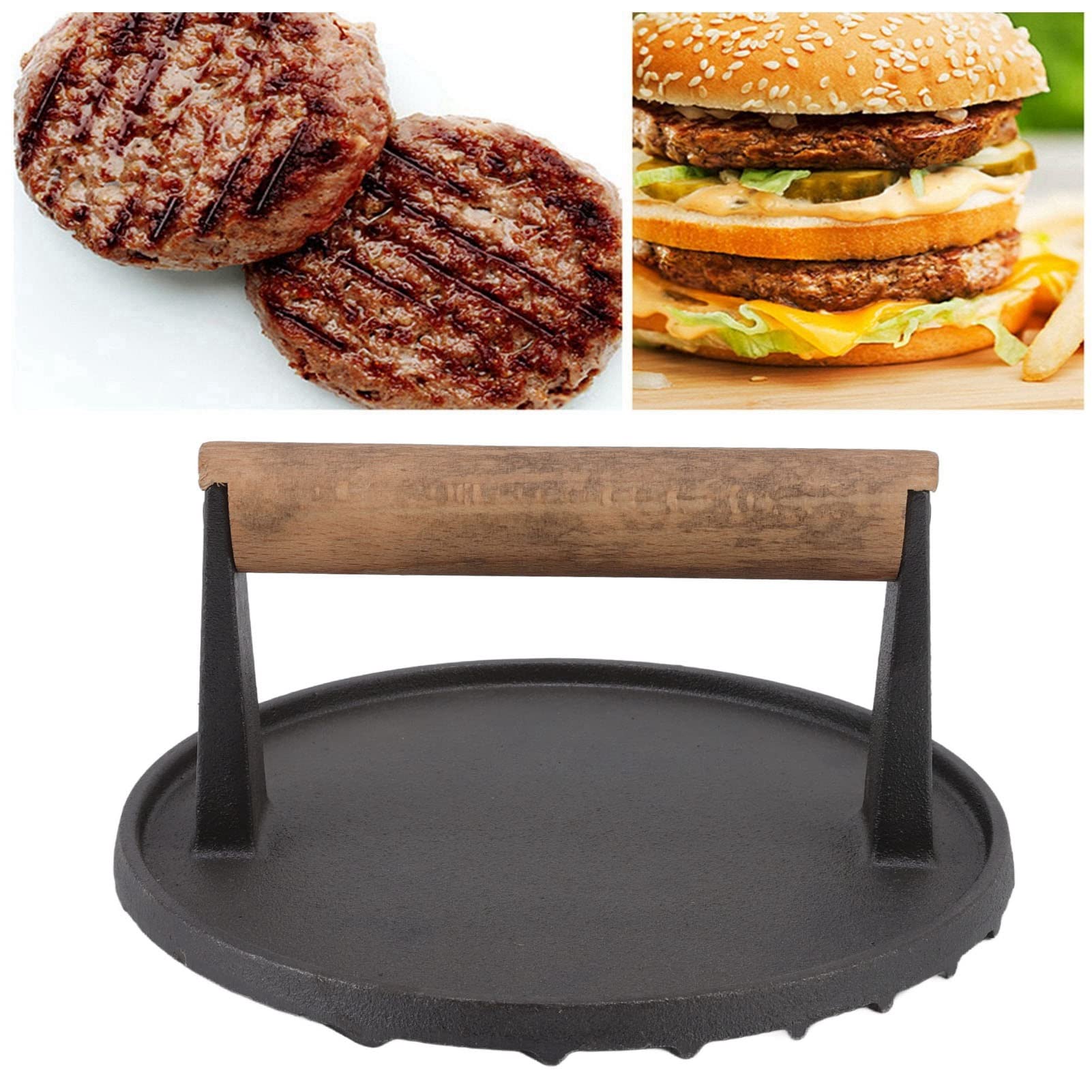Heavy Duty Cast Iron Grill Press - 3 Lbs Bacon Press with Wooden Handle for Even Cooking & Juicy Meats | Perfect for Burgers, Steaks, Pancakes & Grilling at Home or Outdoor BBQ