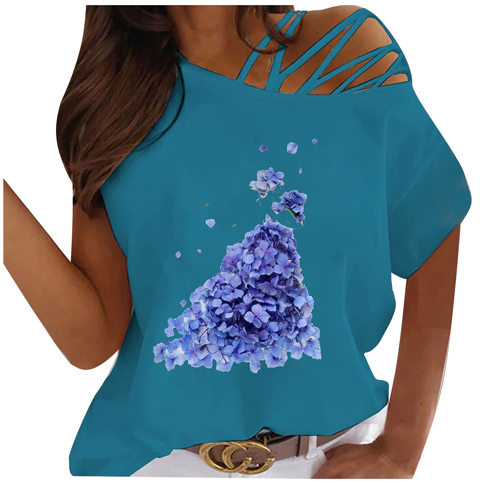 Sexy Off Shoulder Strappy Tee Shirts for Women - Summer Casual Short Sleeve Crew Neck T-Shirt - Perfect for Beach, Party & Date Night Outfits
