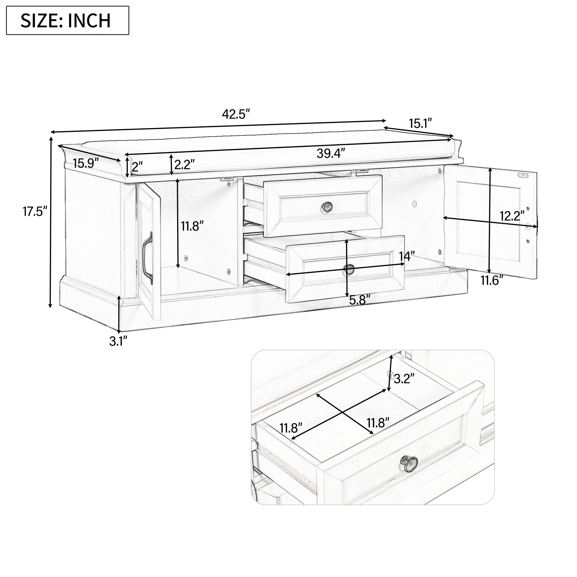 Solid Wood Storage Bench with Drawers & Cabinets - Entryway Shoe Bench for Living Room & Hallway
