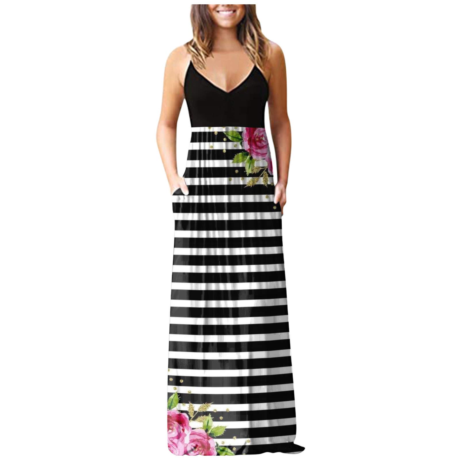 Women's Floral Print Sleeveless Maxi Dress with Pockets - Casual Loose Beach Dress for Summer Vacation, Travel, and Outdoor Parties