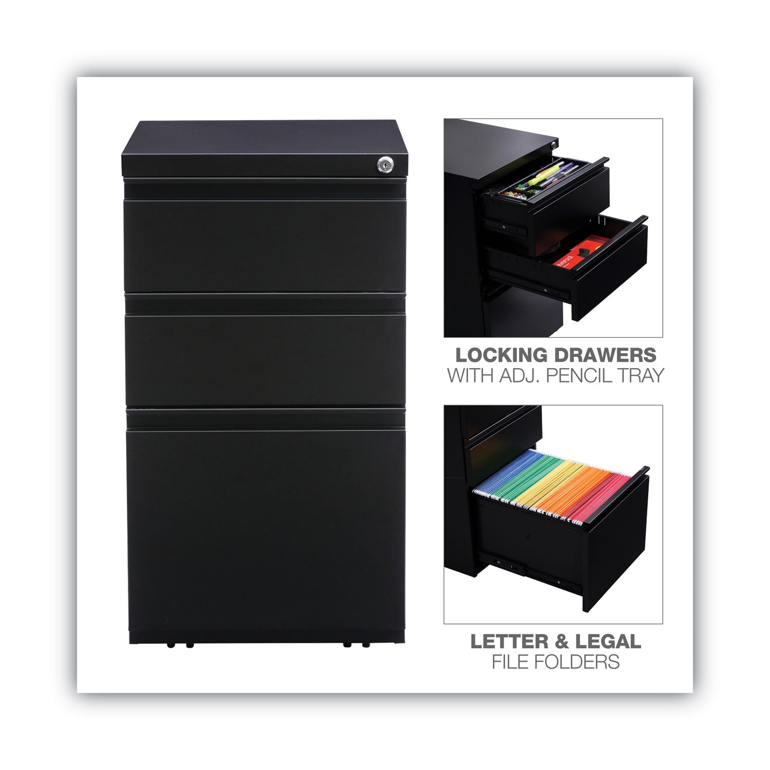 Alera® 3-Drawer File Pedestal with Full-Length Pull - Left or Right Opening - Legal/Letter Size - Black (14.96