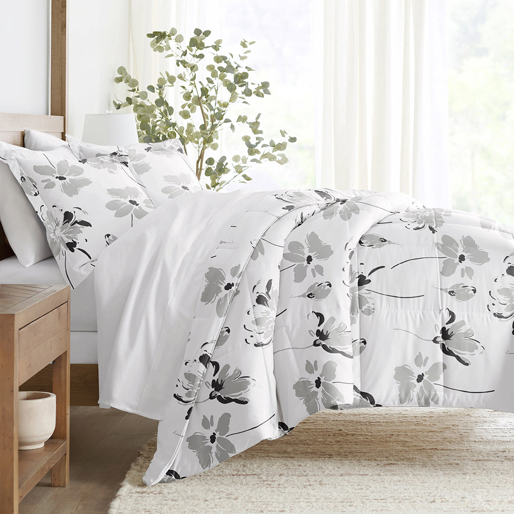 Magnolia Grey Patterned Down Alternative Comforter Set - Soft Hypoallergenic Bedding for All Seasons - Perfect for Master Bedroom, Guest Room & Dorm Decor