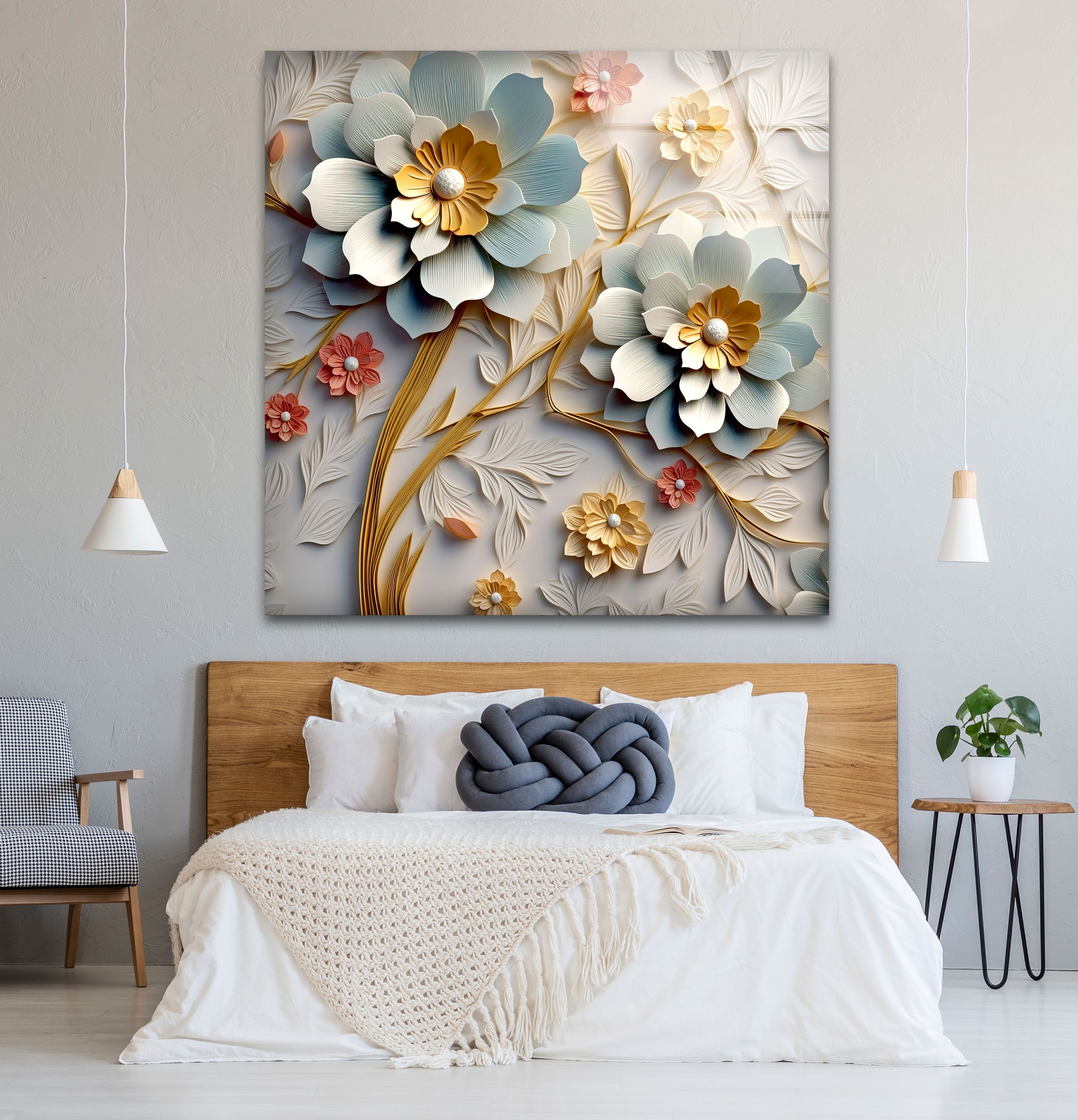 3D Blooming Flower Wall Art - Elegant Embossed Glass Floral Print for Home Decor, Living Room, Bedroom, Office | Modern Botanical Wall Decor for Interior Design