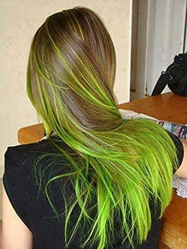 KAVIN Clip In Straight Hair Extensions - Set of 2 Neon Green Colored Hair Streaks for Women & Girls | Halloween Costume Accessories, Cosplay, Party Hairstyles & Fashion Highlights