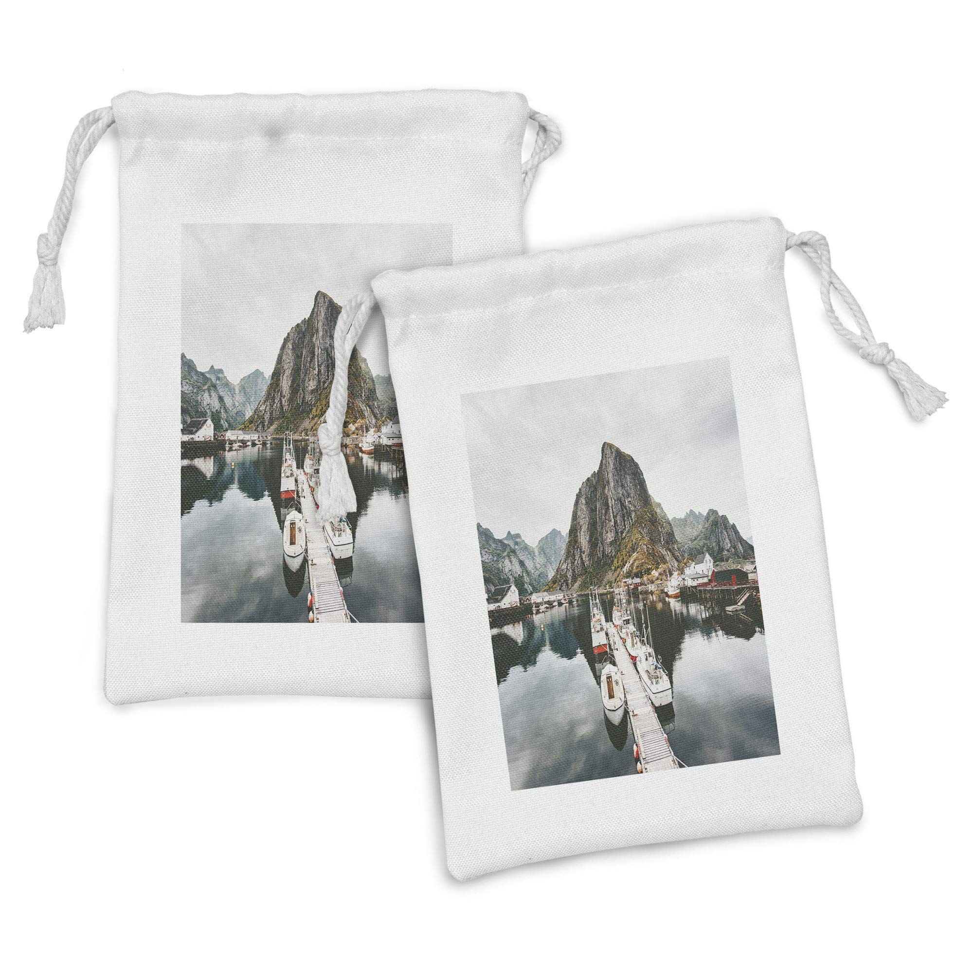 Ambesonne 2-Pack Landscape Fabric Pouch Set - Mountain Marina & Sailing Boats Nature Design, 9