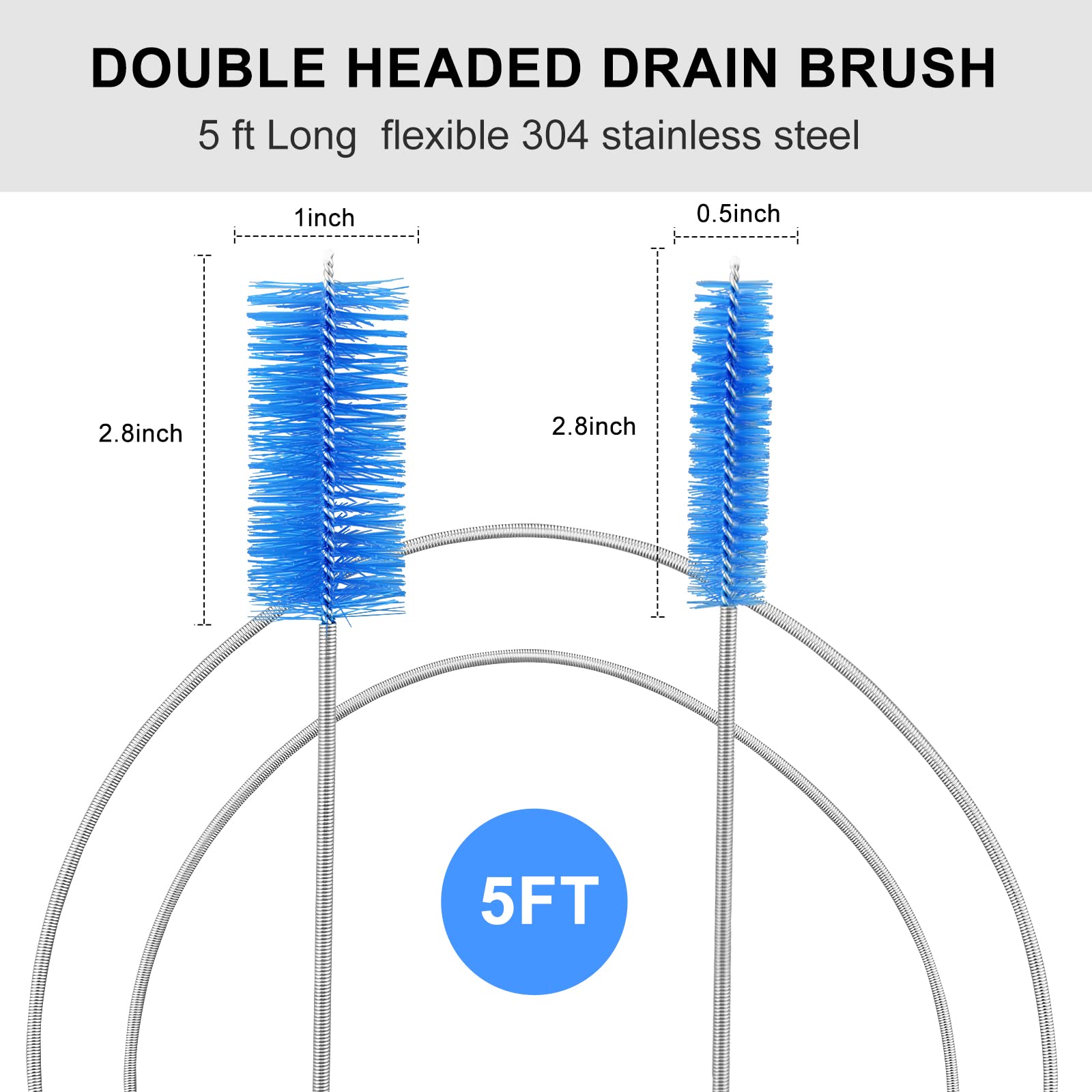 Flexible Drain Brush Cleaner Kit - 5ft Double Head Brush for Pipes, Tanks & Sinks