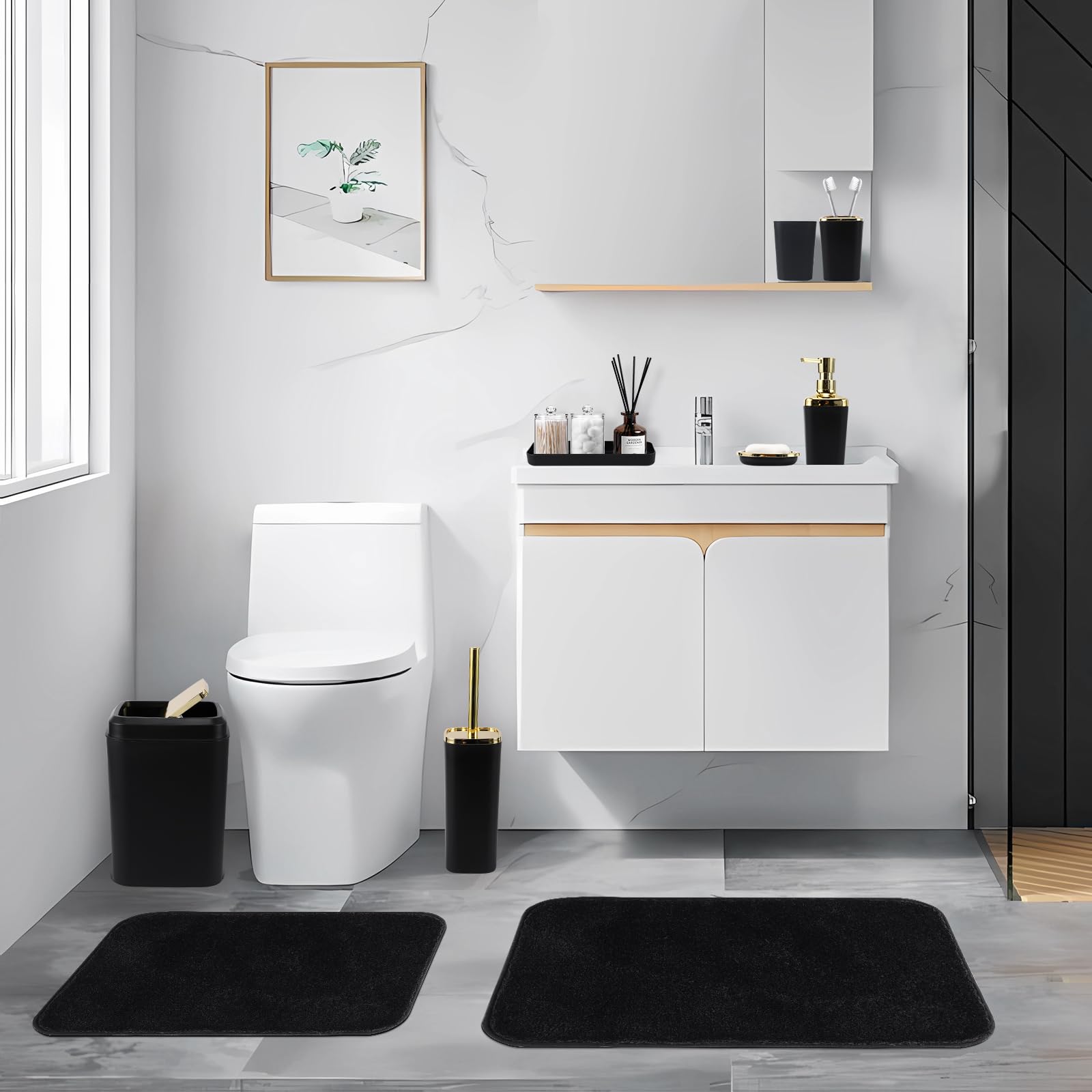 Premium 24-Piece Black Bathroom Accessories Set - Includes Shower Curtain with Hooks, Soap Dispenser, Soap Dish, Toilet Brush Holder & Trash Can - Complete Modern Bathroom Decor for Home, Apartment & Guest Bathrooms