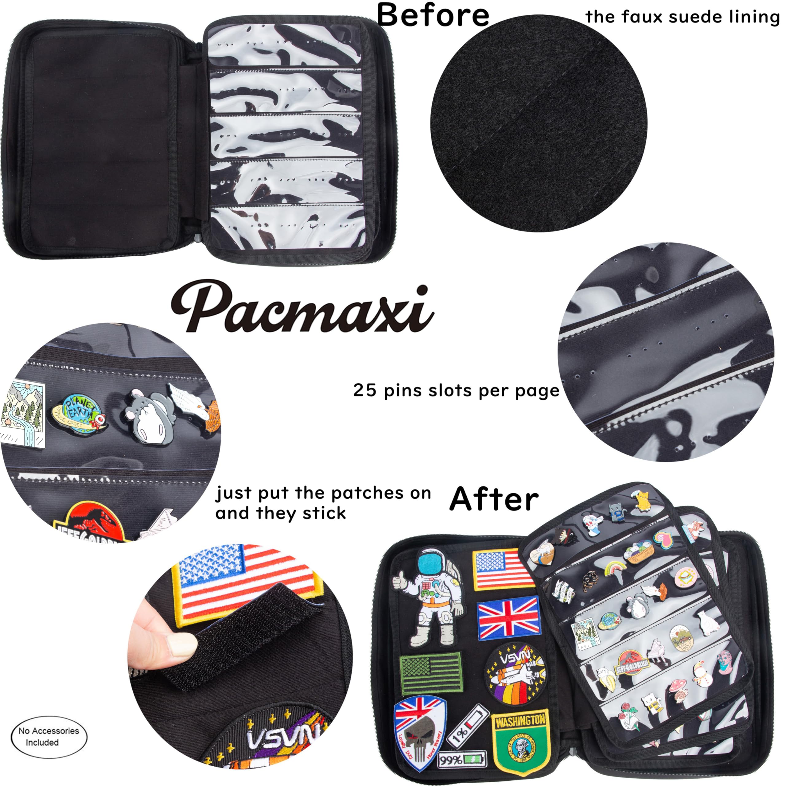 Large Portable Travel Brooch Pin Carrying Case - Enamel Pin & Lapel Pin Storage Organizer with 2 Zipper Pockets & 10 Display Pages (Holds 250 Pins) - Perfect for Collectors, Conventions & Travel (Black)