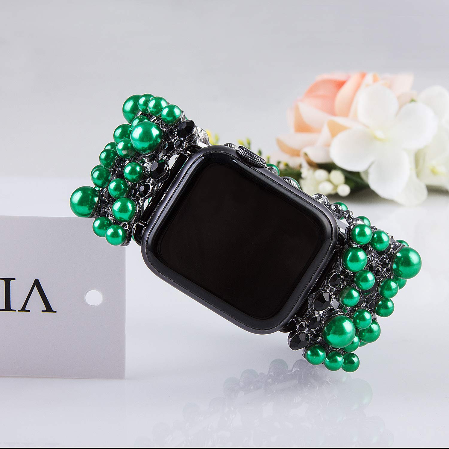 VIQIV Bling Bands Compatible with Apple Watch 38mm 40mm 41mm 42mm 44mm 45mm 49mm - Diamond Rhinestone Metal Pearl Bracelet Strap for Women - Perfect for Parties, Weddings & Formal Events