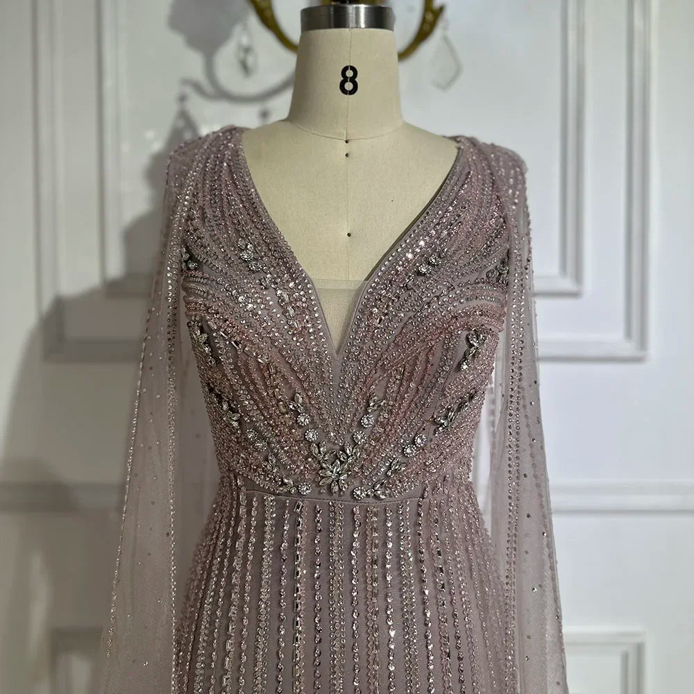 Luxury Dubai Pink Cape Sleeves Beaded Evening Dress for Women - Elegant Wedding Party Gown LA72864 | Perfect for Red Carpet Events, Galas & Formal Occasions