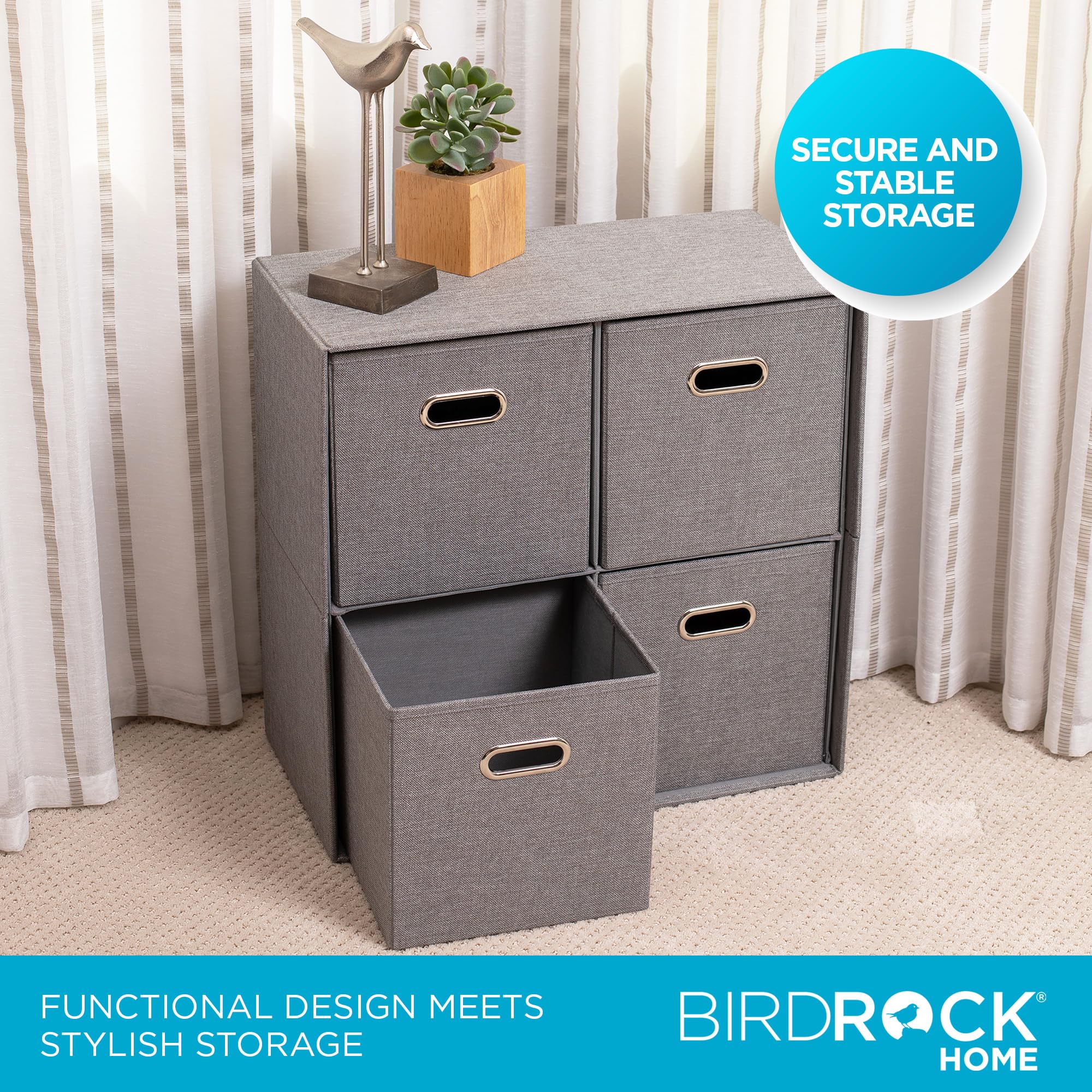 BIRDROCK HOME 4-Bin Linen Cube Organizer Shelf - Durable Collapsible Storage Unit for Bedroom, Closet, Dorm | Space-Saving Shelving for Toys, Clothes, Towels | Grey Home Organization Solution (Perfect for Small Spaces & Kids' Rooms)