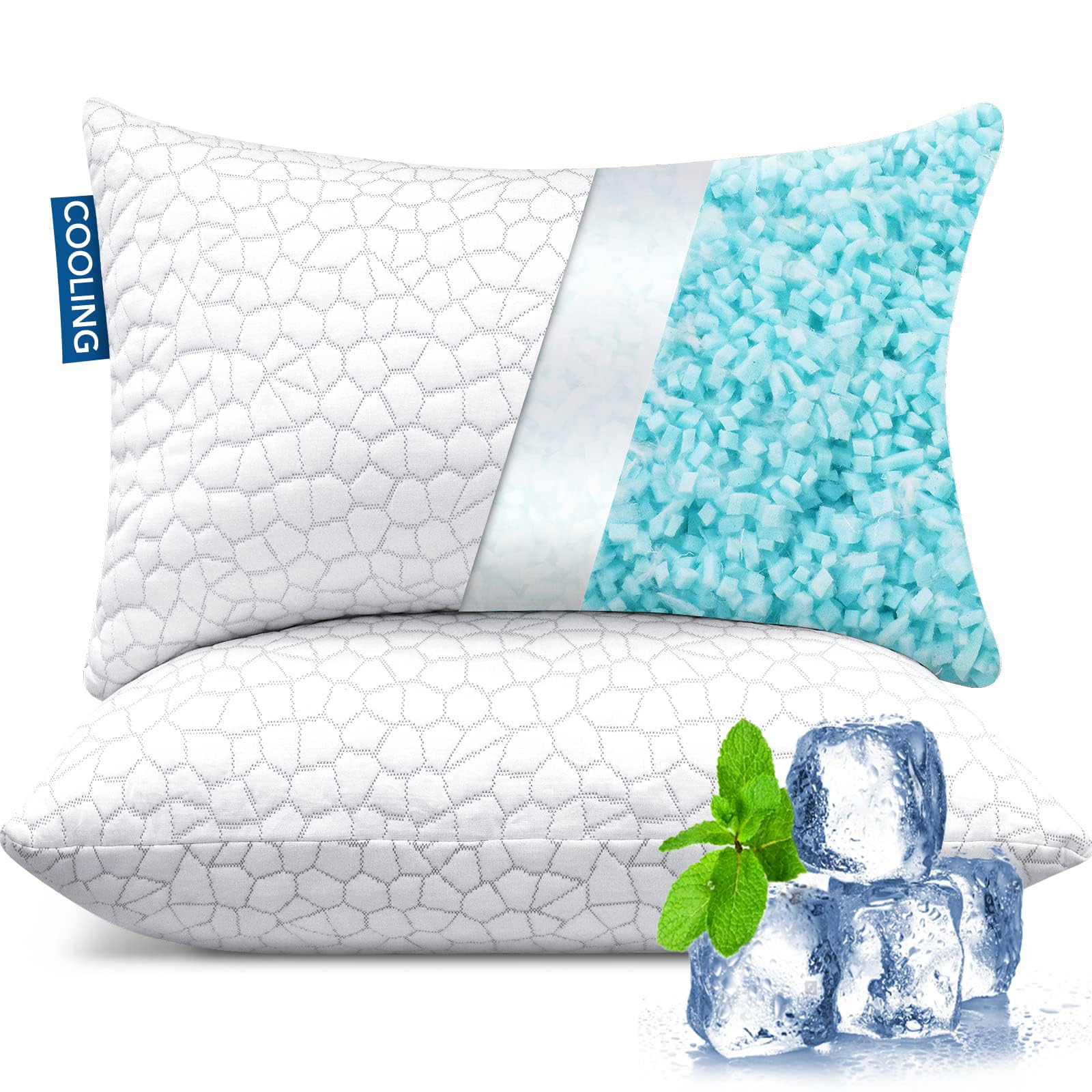 2 Pack Queen Size Cooling Shredded Memory Foam Pillows - Adjustable Loft for Back, Side & Stomach Sleepers | Breathable Bed Pillows for Hot Sleepers & Night Sweat Relief | Perfect for Summer, Hot Climates & Temperature Regulation