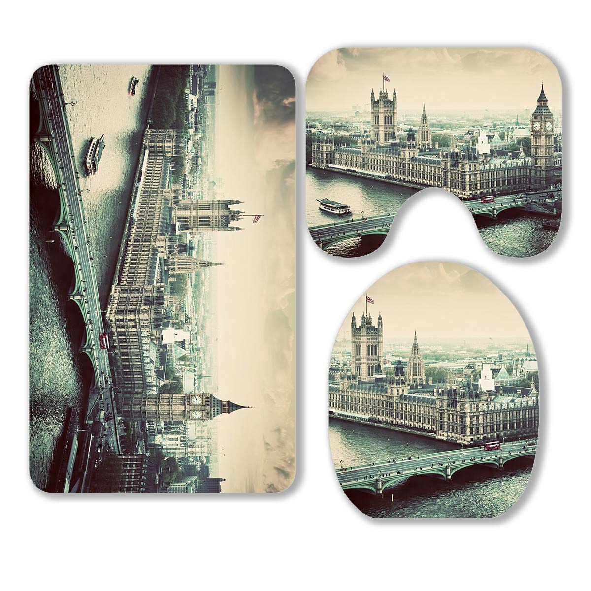 ECZJNT London UK Big Ben & Palace of Westminster 3-Piece Bathroom Rug Set - Non-Slip Bath Mat, Contour Mat & Toilet Lid Cover - British Theme Decor for Home, Apartment, Dorm