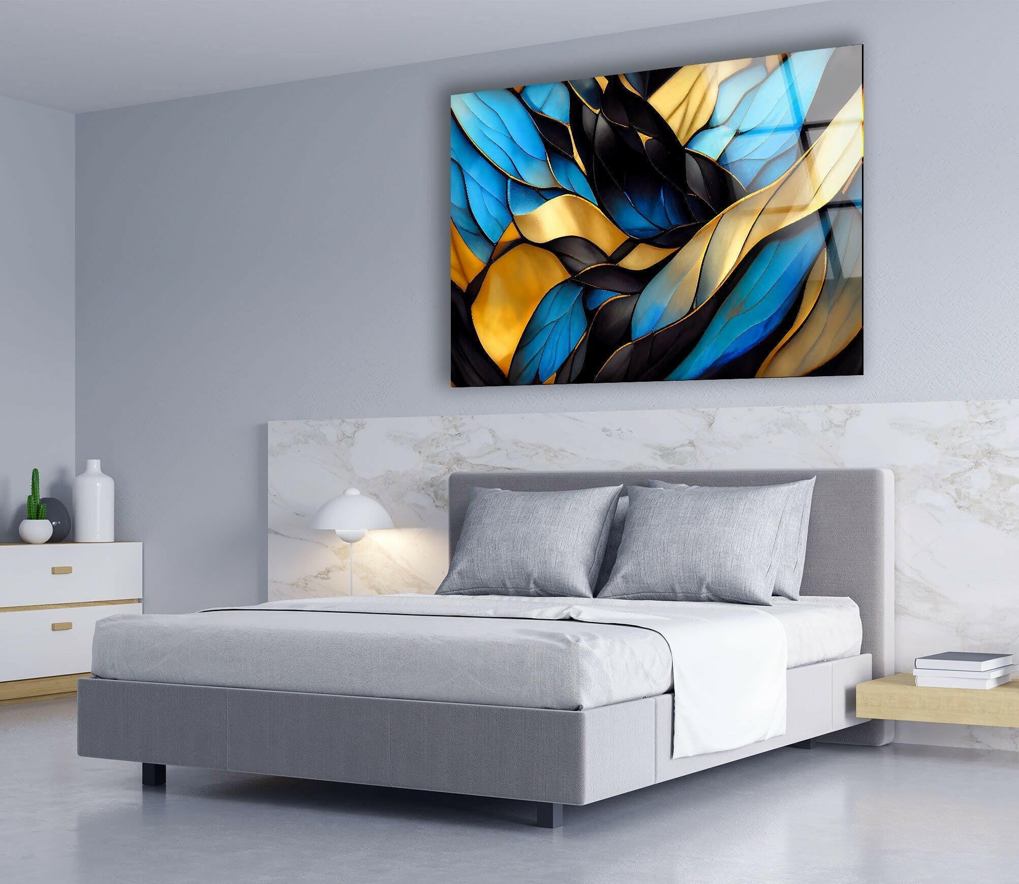 Blue Stained Waves Glass Wall Art - Handmade Ocean Themed Decorative Panel for Living Room, Bedroom & Office - Perfect Coastal Home Decor Gift