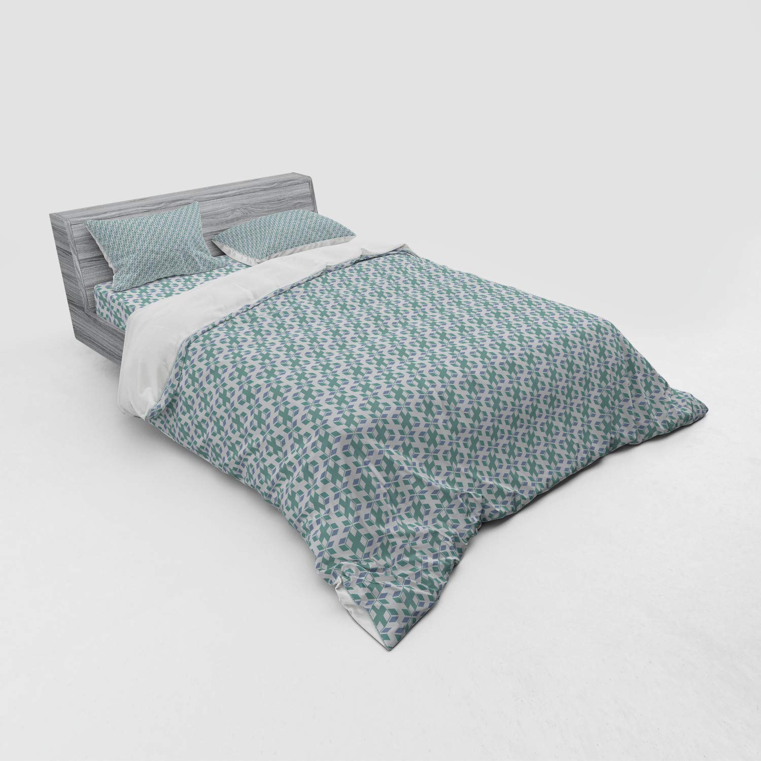 Ambesonne 4-Piece Geometric Duvet Cover Set - 3D Cube Illusion Design with Small Squares, Queen Size Bedding Set with Shams & Fitted Sheet in Reseda Green, Slate Blue & White | Modern Home Decor for Bedroom, Guest Room & Dorm