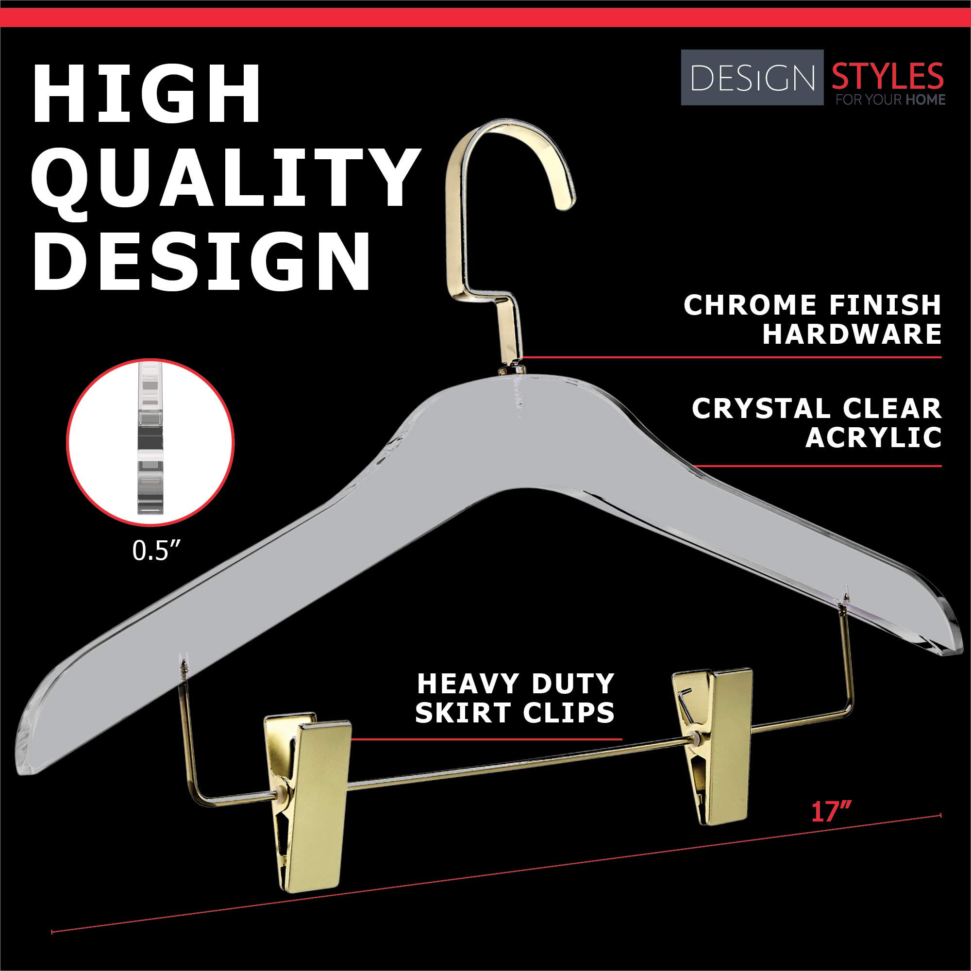 Clear Acrylic Skirt Hangers - 10 Pack Heavy Duty 0.5 Inch Thick Non-Slip Closet Organizers with Gold Chrome Plated Hooks & Clips - Premium Clothing Hangers for Skirts, Pants, Dresses - Perfect for Wardrobe Organization & Retail Display