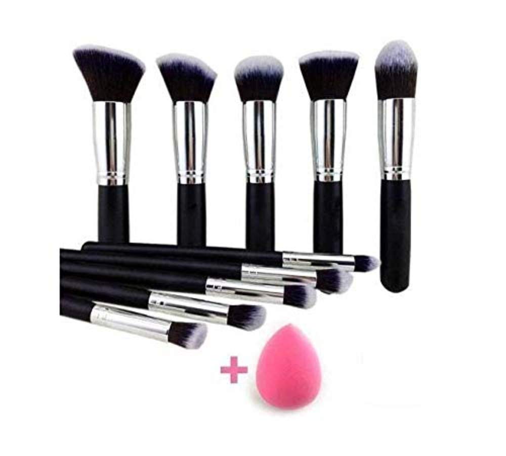 PUKA 10-Piece Makeup Brush Set for Women & Girls - Black with Pink Blender Sponge - Professional Cosmetic Brushes for Foundation, Eyeshadow, Blush - Perfect for Daily Makeup & Travel