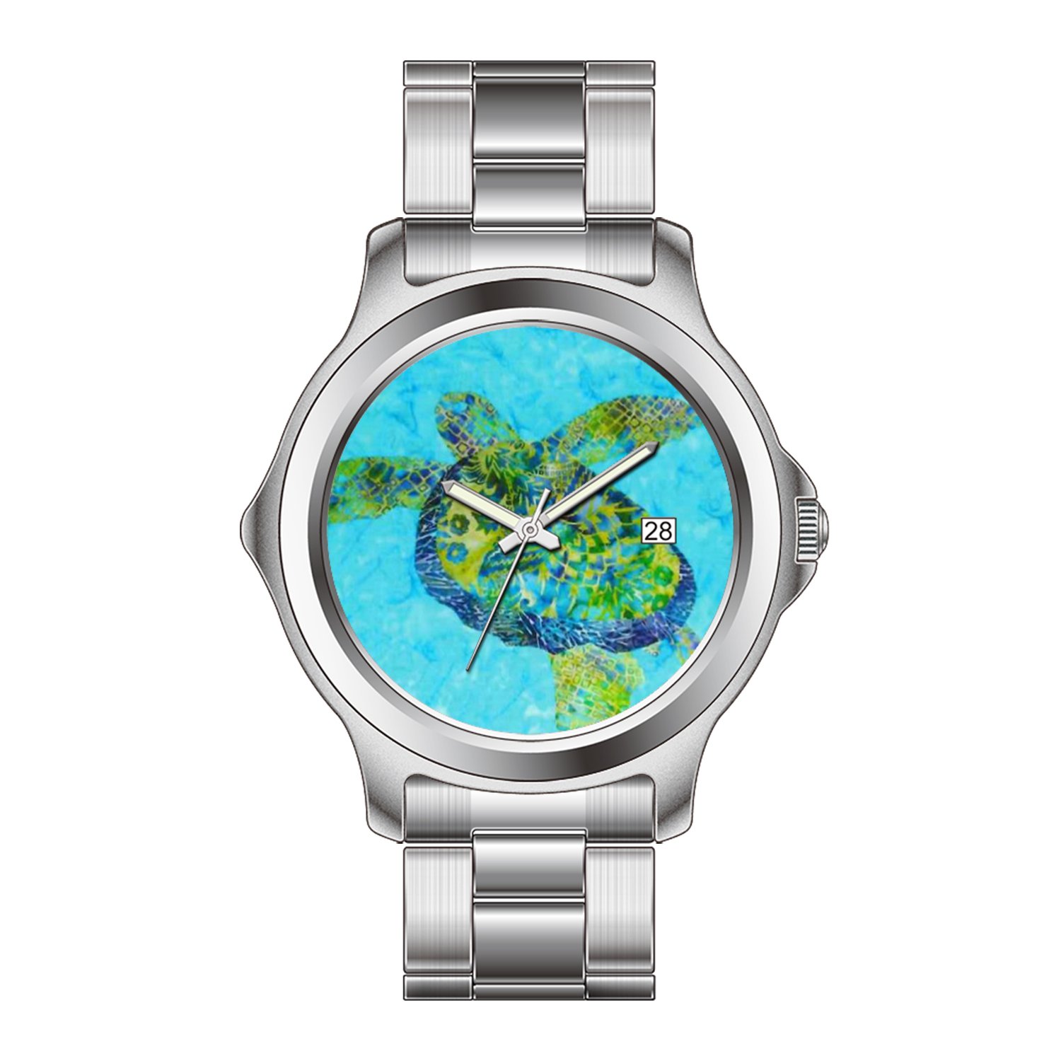 Men's & Women's Fashion Japanese Quartz Date Stainless Steel Bracelet Watch - Blue Green Honu SEA Turtle Design - Christmas Gift, Sporty Style for Daily Wear & Outdoor Activities