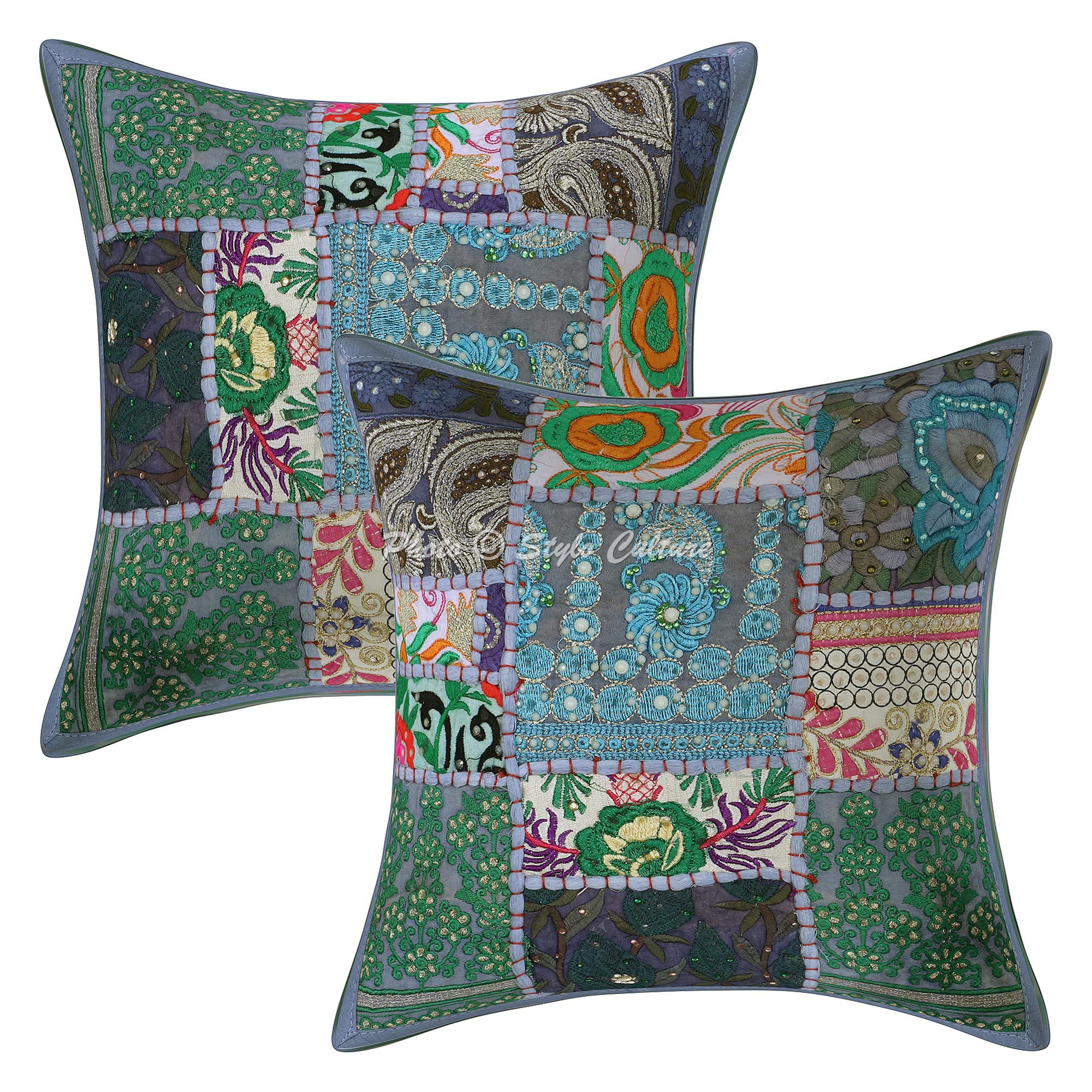 Bohemian Vintage Patchwork Cotton Throw Pillow Covers 12x12 Inches (30x30 cm) - Set of 2, Grey Abstract Ethnic Home Decor for Sofa, Bed & Living Room