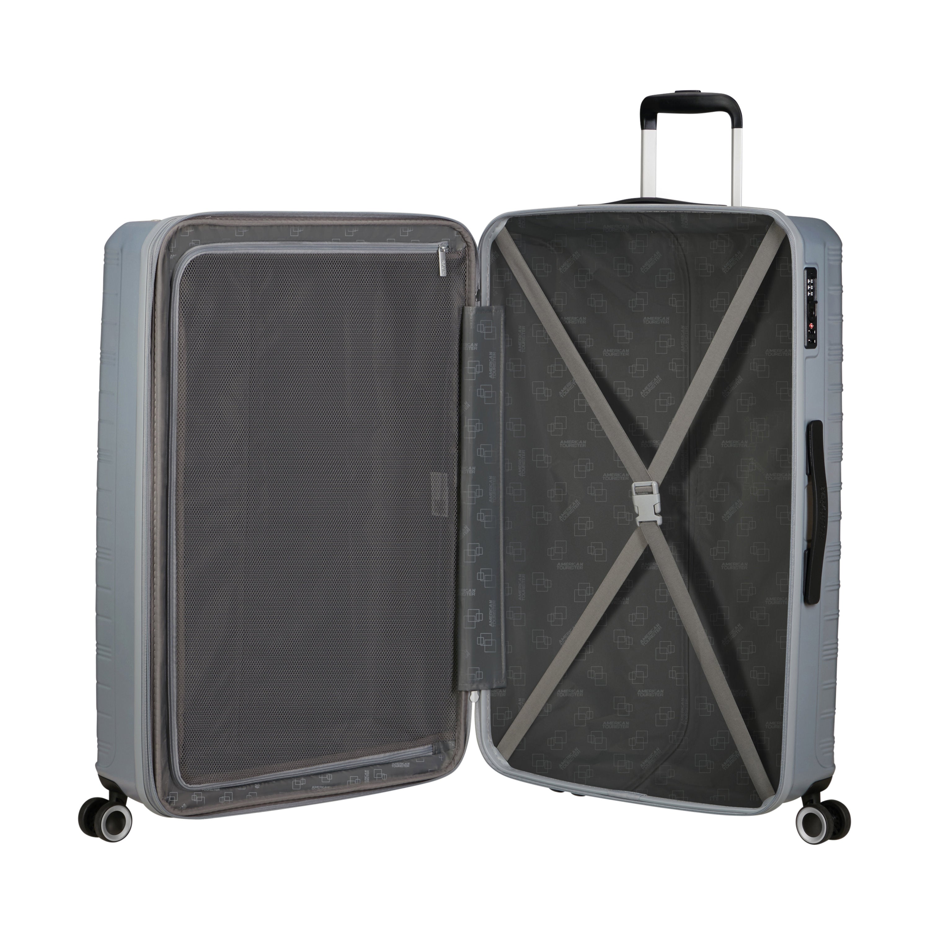American Tourister Surftime Spinner 3-Piece Luggage Set - Lightweight Expandable Suitcase with 360° Wheels for Travel, Vacation & Business Trips (Black/Blue) - Perfect for Airplane Carry-On & Checked Baggage