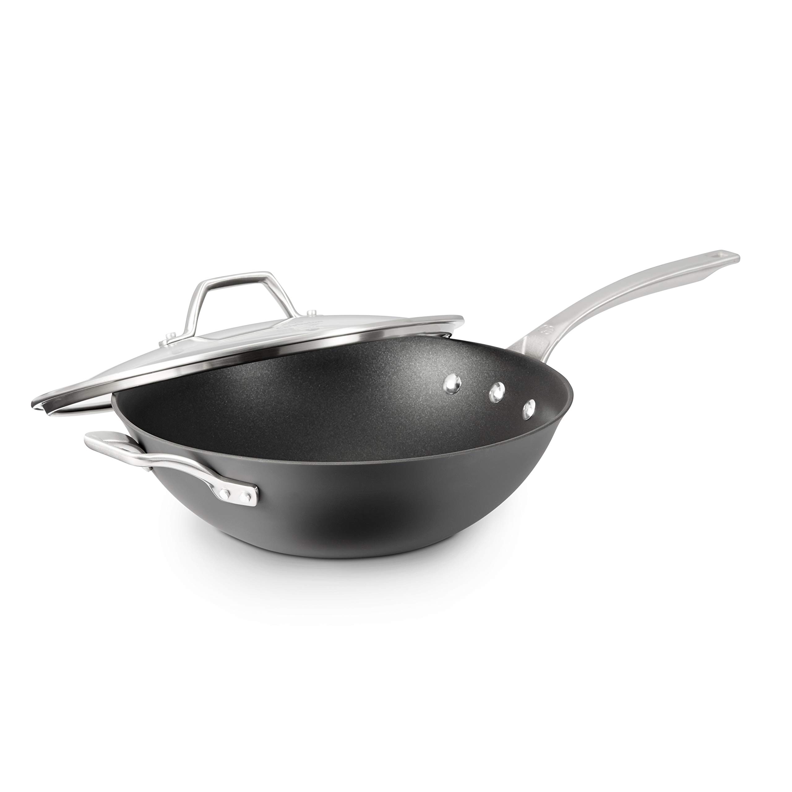 Calphalon Signature Hard Anodized Nonstick 12-Inch Covered Flat Bottom Wok Pan - Black - Durable Cookware for Stir-Frying, Sautéing & Asian Cooking - Perfect for Gas, Electric & Induction Stoves