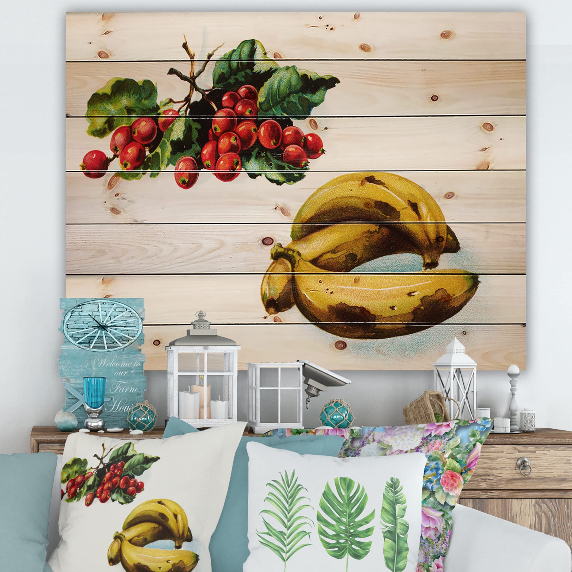 DesignQ Farmhouse Wood Wall Decor - Banana & Red Berries Art Print on Natural Pine Wood, Large Yellow Wood Wall Art for Kitchen & Dining Room Decor