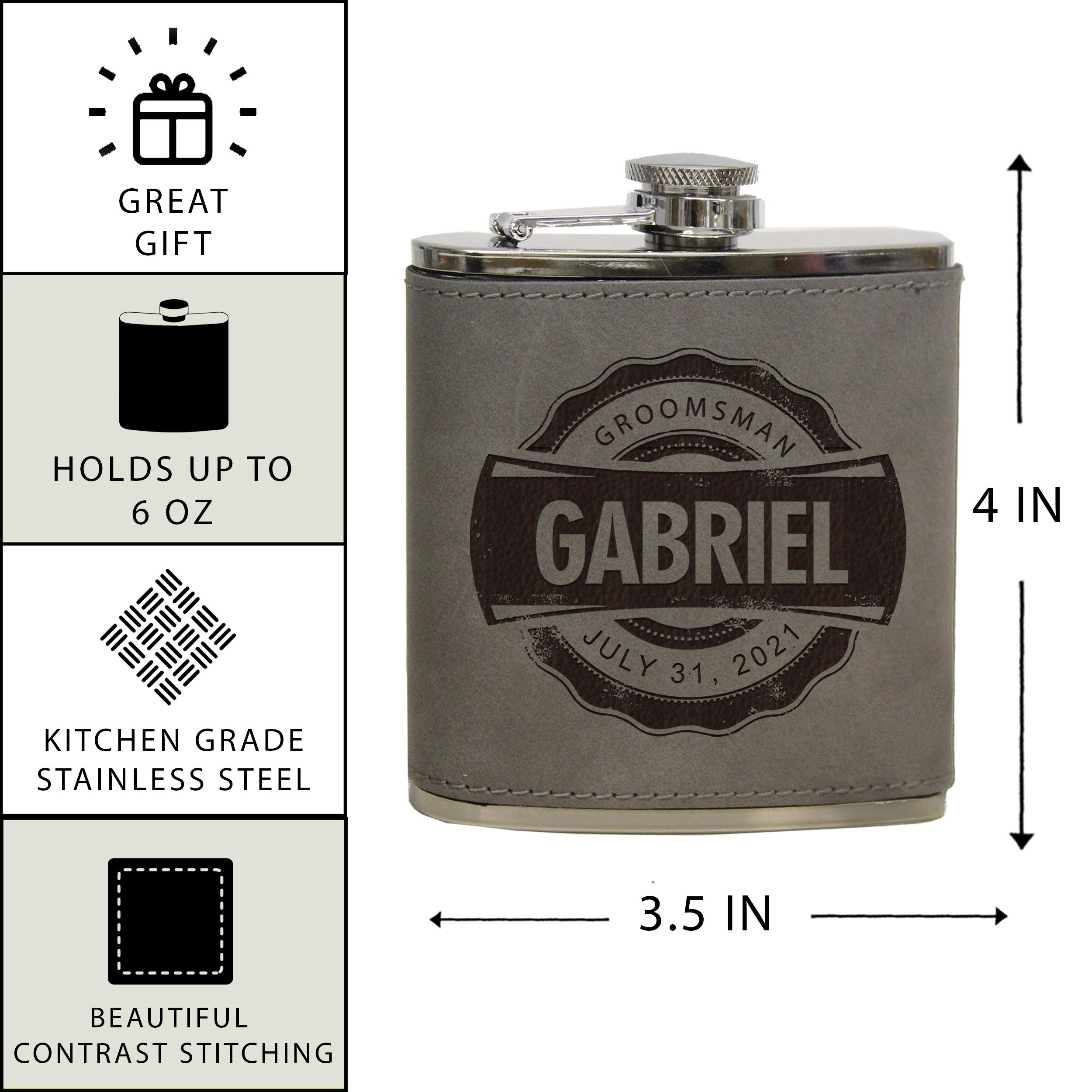 Custom Engraved Monogram Flask Gift Set with Funnel - Personalized Wedding Groomsmen Present - Gray Flask with Black Lettering - Perfect for Bachelor Parties, Anniversary Gifts & Special Occasions
