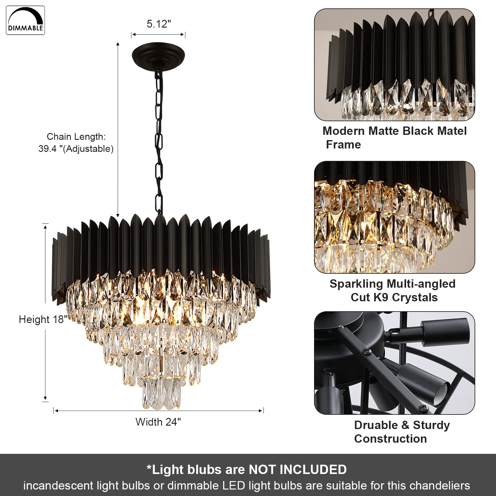 Modern Black Crystal Chandelier - 24 Inch Round Dimmable Ceiling Light Fixture with 12 Lights & 5-Tier Raindrop Design for Living Room, Dining Room, Bedroom, Foyer - Elegant Luxury Lighting for Home Decor, Wedding Venues and Hotel Lobbies