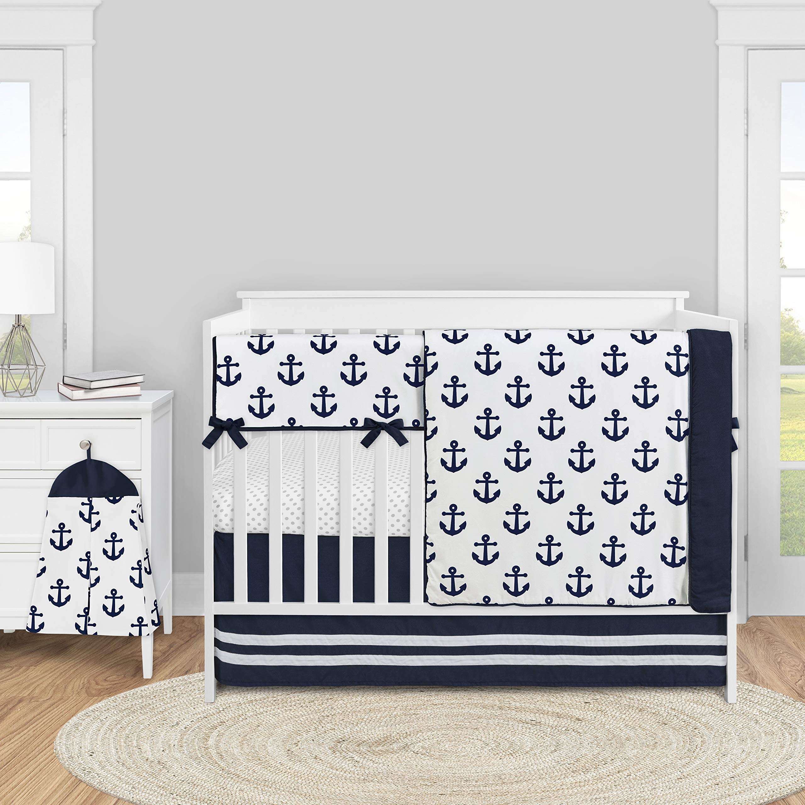Sweet Jojo Designs Navy Blue & White Nautical Baby Crib Bedding Set - 5 Piece Ocean Sailboat Theme Nursery Set for Boys & Girls - Gender Neutral Marine Sailor Anchor & Grey Polka Dot Design - Perfect for Coastal Nursery, Baby Shower Gifts & Newborn Essentials