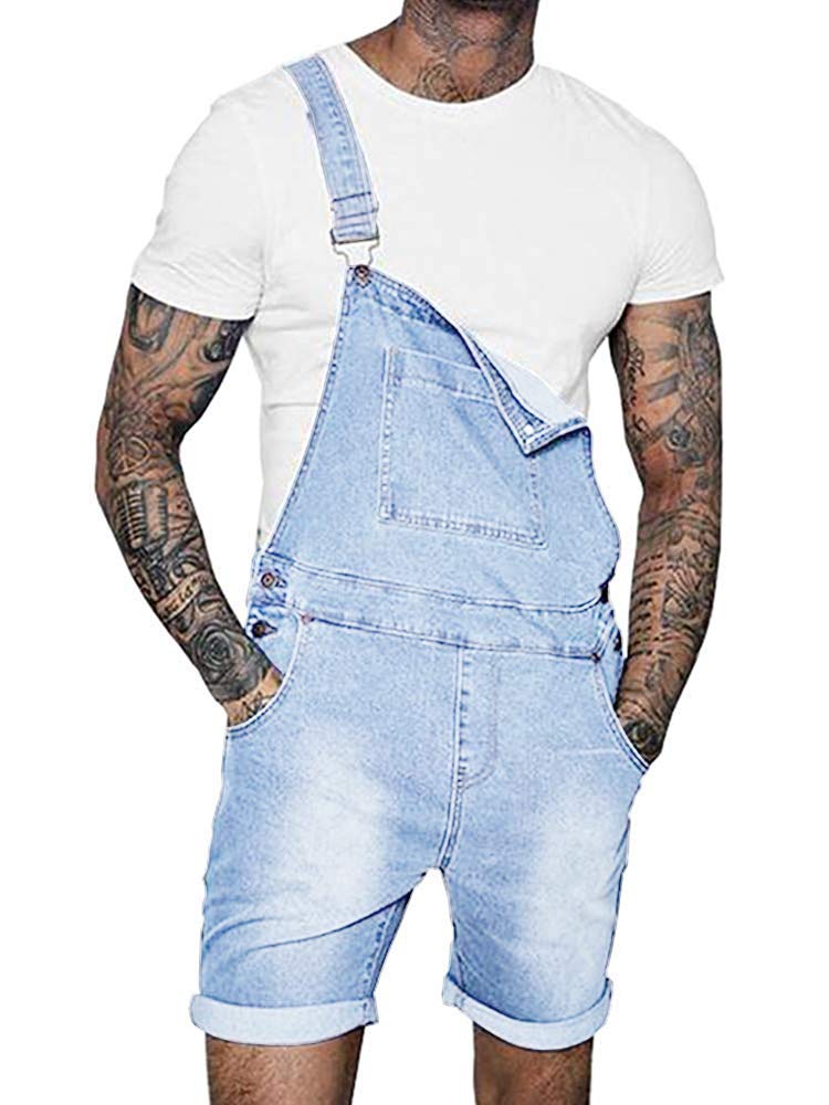 Runcati Men's Denim Shorts Bib Overalls - Casual Loose Fit Jean Romper with Button Pockets | Summer Jumpsuit for Outdoor Activities, Gardening & Casual Wear