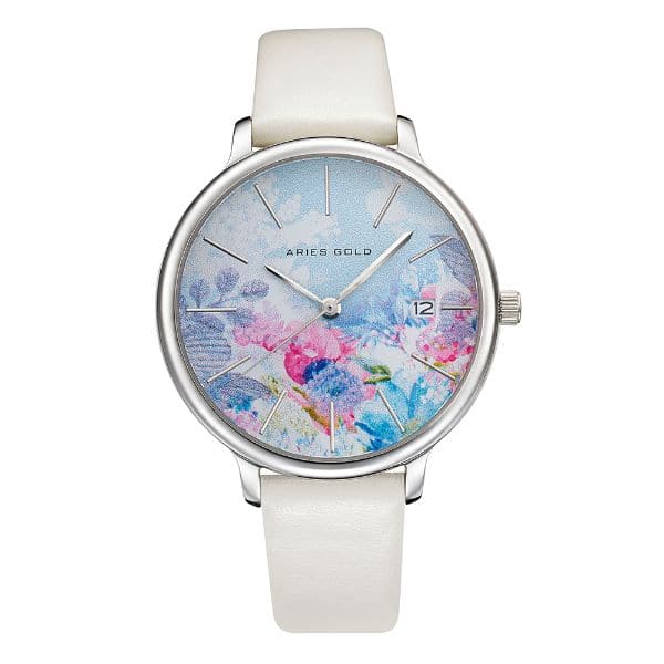 ARIES Gold Enchant Fleur Silver Stainless Steel Women's Watch with Leather Strap - Elegant Dress Watch for Women, Perfect for Office, Party & Special Occasions