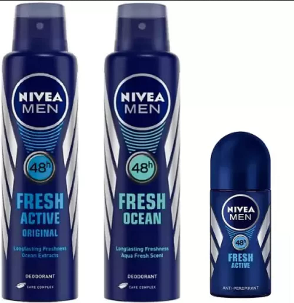 NIVEA Men Fresh Active & Fresh Ocean Deodorant Set - 3-Piece Roll-On & Spray for Long-Lasting Protection | Perfect for Gym, Work & Daily Freshness