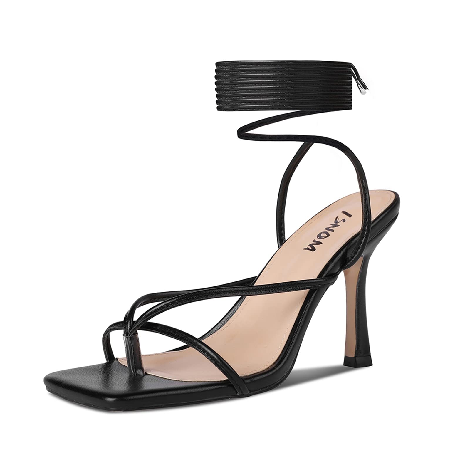 ISNOM Women's Lace Up Stiletto Heels Sandals - Square Toe Open Toe Thong Design for Party, Wedding & Evening Events