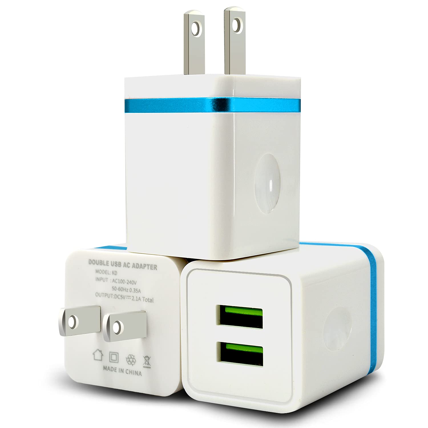 CUGUNU 3-Pack USB Wall Charger with Dual Ports 2.1A Fast Charging - Compatible with iPhone 14/13/12/11/Pro Max/X/8/7/6 Plus, Samsung, Moto, Kindle & Android Phones - Blue Power Adapter for Home, Office & Travel