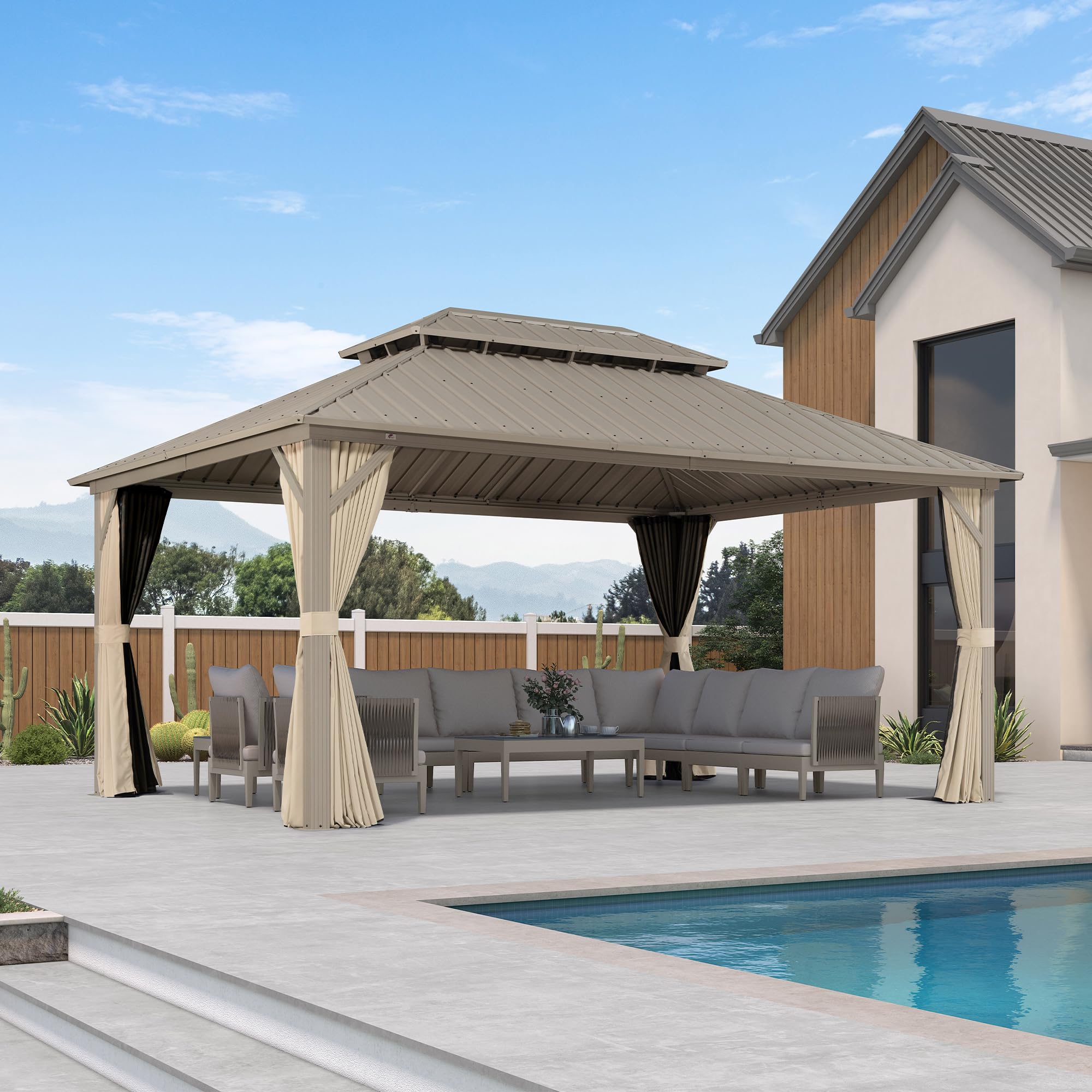 PURPLE LEAF 12'x16' Champagne Outdoor Hardtop Gazebo - Aluminum Patio Gazebo with Galvanized Steel Double Roof, Curtains & Netting - Perfect for Backyard, Garden, Deck, and Outdoor Entertaining