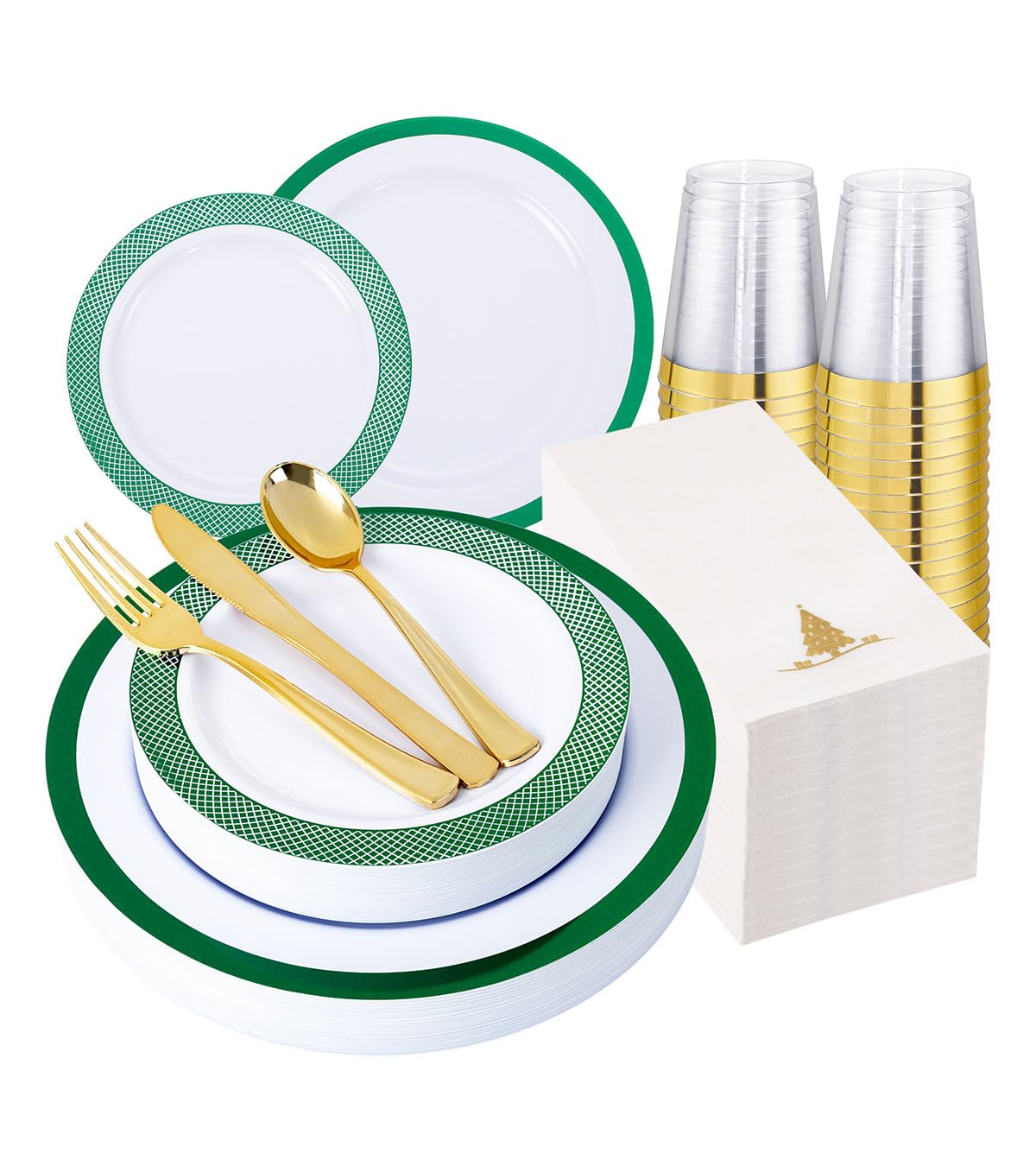 Ciaell 175-Piece Eco-Friendly Green Plastic Party Tableware Set - 25 Dinner Plates, 25 Dessert Plates, 25 Knives, 25 Forks, 25 Spoons, 25 Cups & 25 Napkins | Perfect for St. Patrick's Day, Birthday Parties, Weddings & Outdoor Events | Disposable & Durable Dinnerware for Easy Cleanup