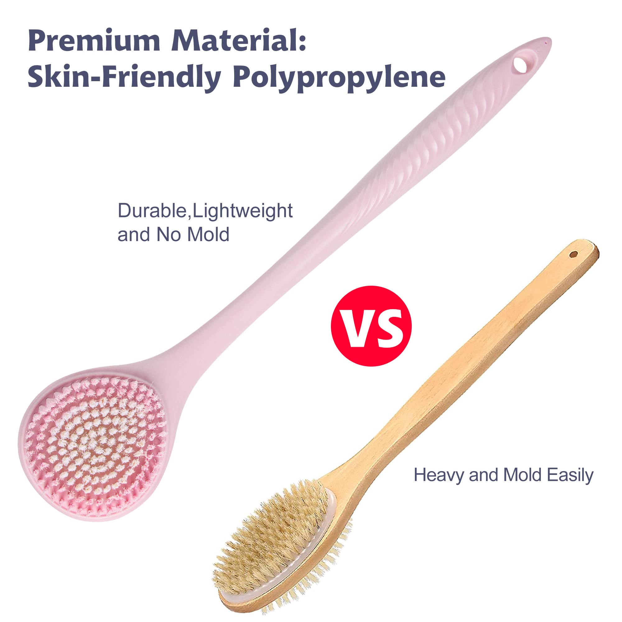 BEDELITE Long Handle Back Brush - Soft Exfoliating Shower Brush for Men & Women, Pink - Perfect for Deep Cleaning & Skin Care