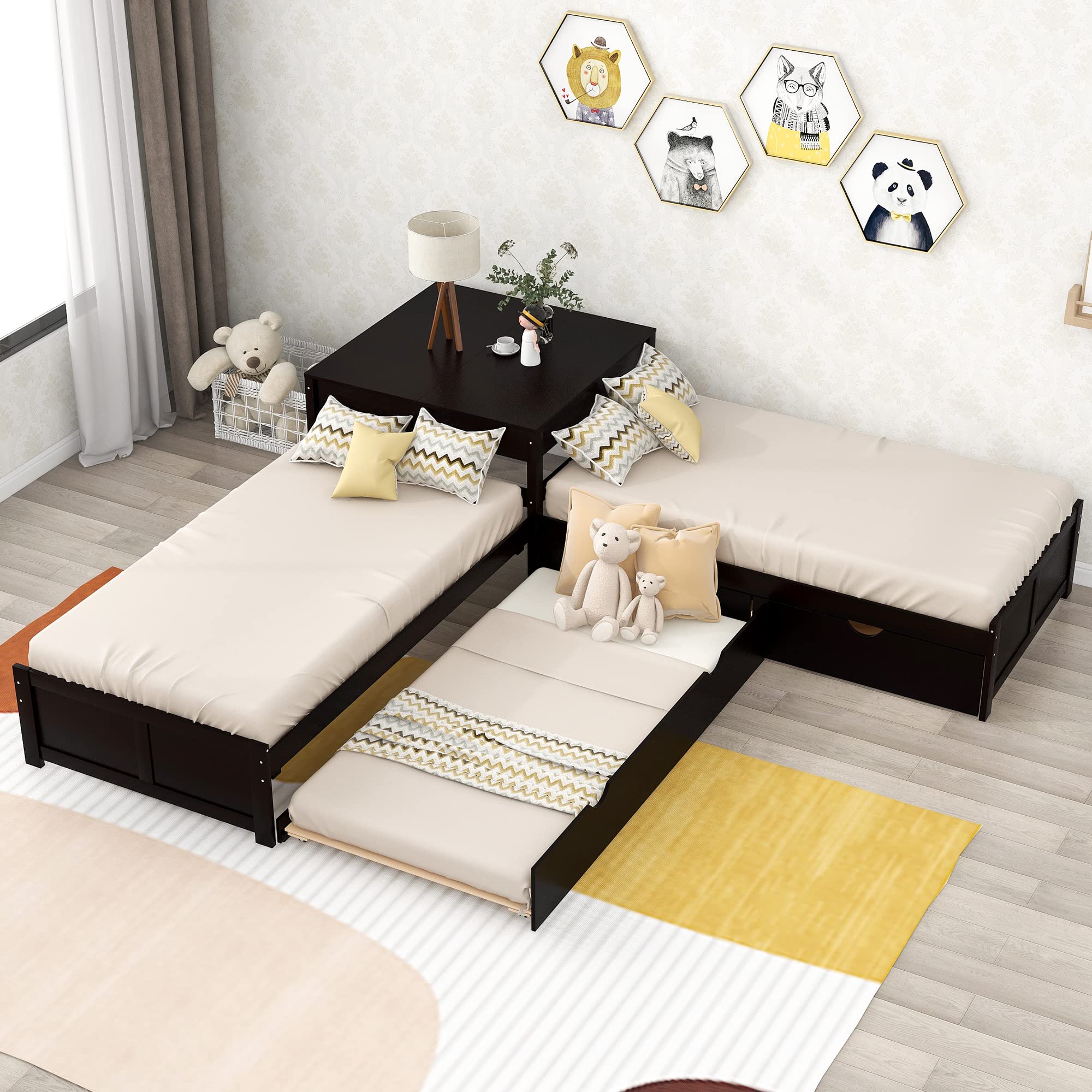 SOFTSEA L-Shaped Corner Beds with Trundle & Storage Drawers - Low Profile Wooden Platform Bed Frame with Built-in Nightstand | Space-Saving Solution for Small Bedrooms & Kids' Rooms