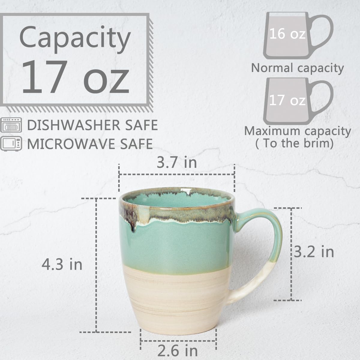 Bosmarlin 16 Oz Ceramic Coffee Mug Set of 4 - Dishwasher & Microwave Safe - Reactive Glaze Tea Cups - 5 Color Options (Green) - Perfect for Home, Office or Gift Giving