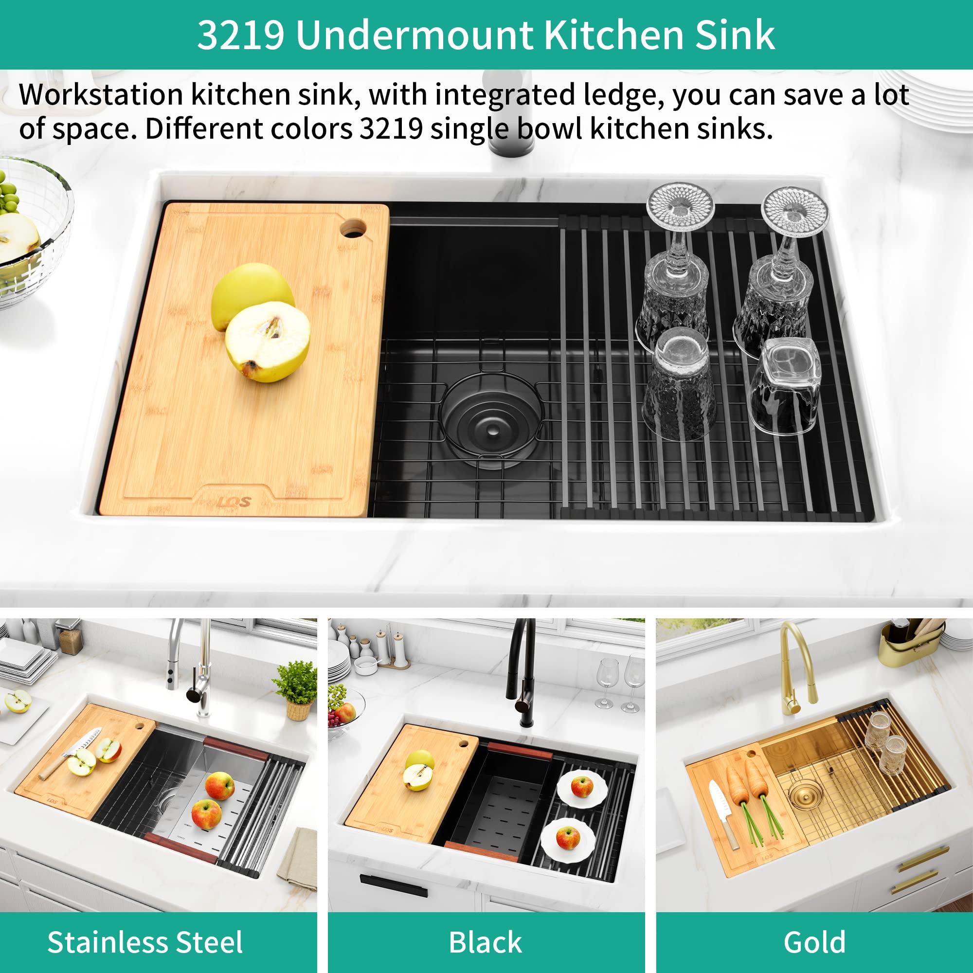 LQS 32 Inch Black Undermount Kitchen Sink - 16 Gauge Stainless Steel Workstation Sink with Accessories (32”x19”) | Deep Single Bowl for Modern Kitchens | Perfect for Meal Prep, Dishwashing & Entertaining