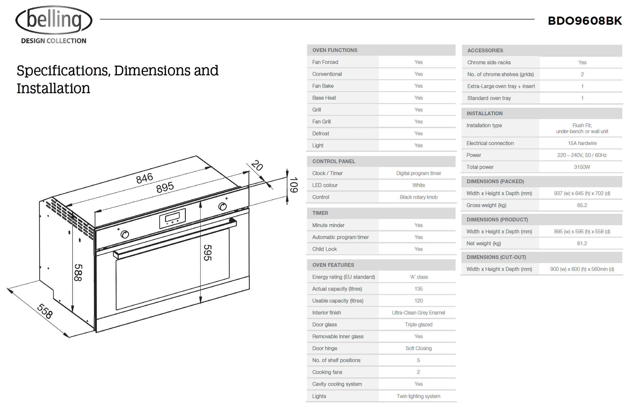 Belling BE903 90cm Built-in Kitchen Appliance Package - Stainless Steel Oven, Hob & Extractor Fan for Modern Home Cooking