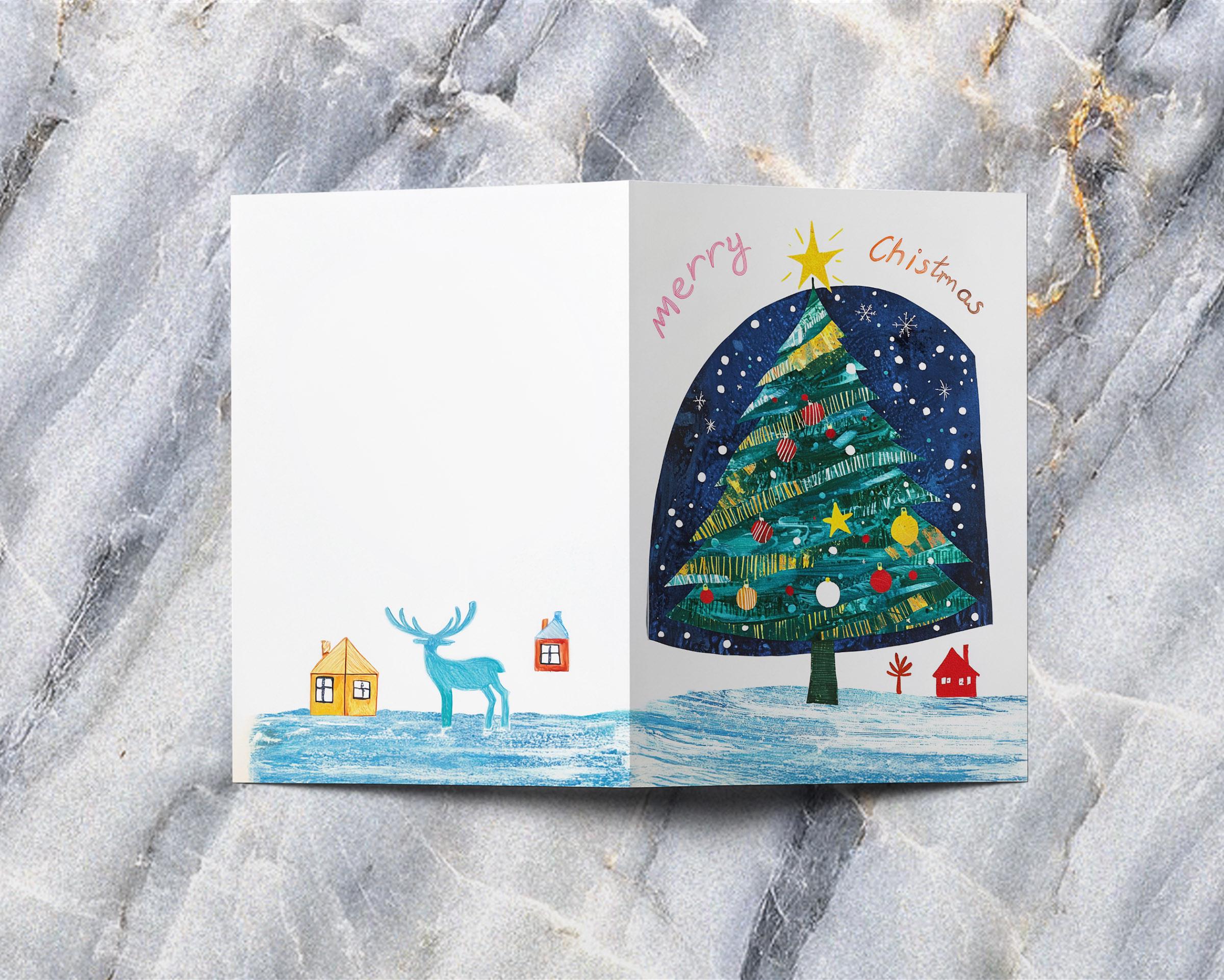 George Miller Holiday Design Christmas Card - Festive Art Print with Tree, Stars & House Scene - Perfect for Holiday Greetings, Home Decor & Gift Giving