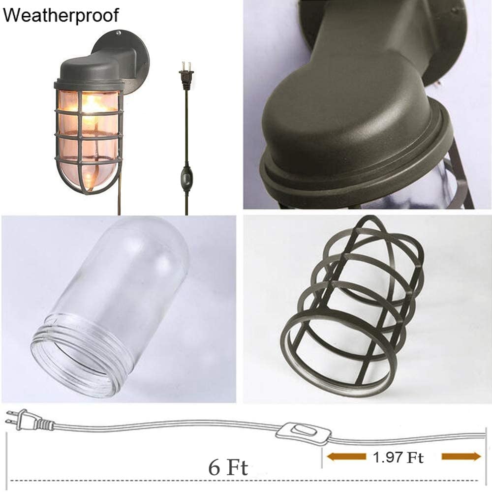 Kiven Waterproof Outdoor/Indoor LED Cage Light with Timer Switch - Plug-in Wall Mount Lantern for Barn, Garage & Patio - Durable Industrial Sconce (1 Pack) - Perfect for Backyard, Shed & Workshop Lighting