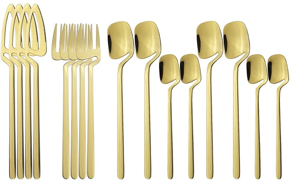 16-Piece Stainless Steel Cutlery Set - Gold Silverware for Kitchen, Dining & Party Use - Includes Forks, Spoons & Knives - Elegant Gold-Toned Flatware for Home, Restaurant & Outdoor Entertaining