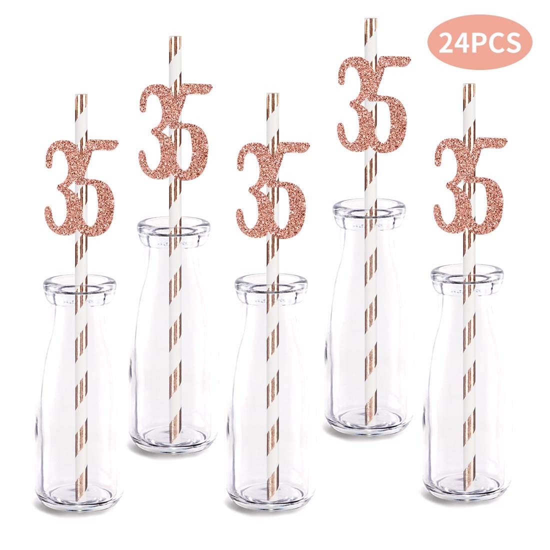 Rose Gold Glitter 35th Birthday Straw Decorations - 24pcs Cut-Out Number 35 Party Drinking Straws for Birthday Celebrations, Anniversaries & Special Events