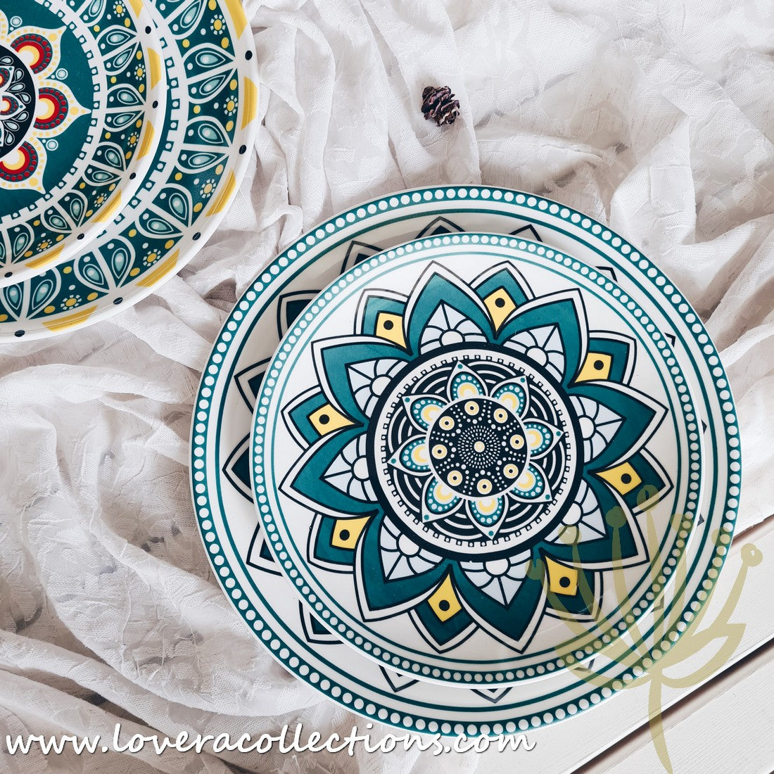 Mandala Green & White Salad Plate Set - Elegant Hand-Painted Ceramic Dinnerware for Home & Restaurant Use - Perfect for Salads, Appetizers, Desserts & Party Serving