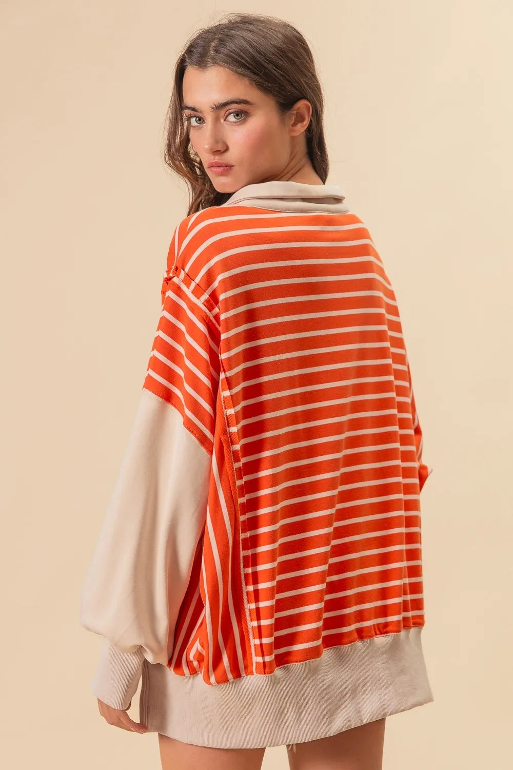 BiBi Stripe Knit Loose Fit T-Shirt with Cut Edge Detail - Casual Women's Top for Everyday Wear, Outings & Layering