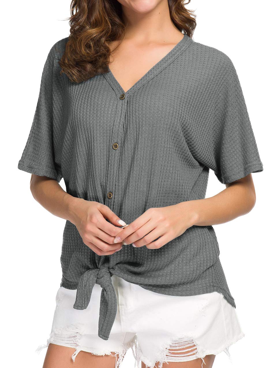 IWOLLENCE Women's Waffle Knit Tunic Blouse - Tie Knot Short Sleeve Henley Top, Loose Fit Batwing Shirt for Casual Wear, Office & Date Night Outfits